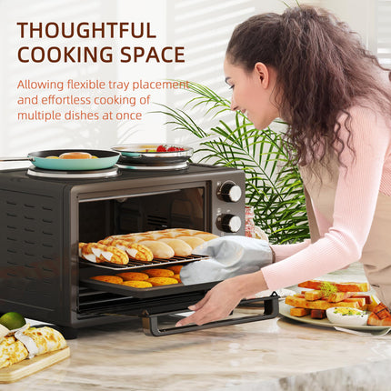 28L Mini Oven with 2 Hot Plates, Toaster Oven, Grill, Roast, Bake, Boil, Timer & Adjustable Temperature - Black