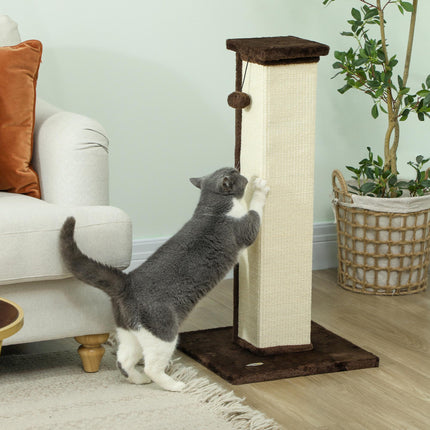 81cm Vertical Cat Scratcher with Sisal Rope, Hanging Ball & Plush - Brown