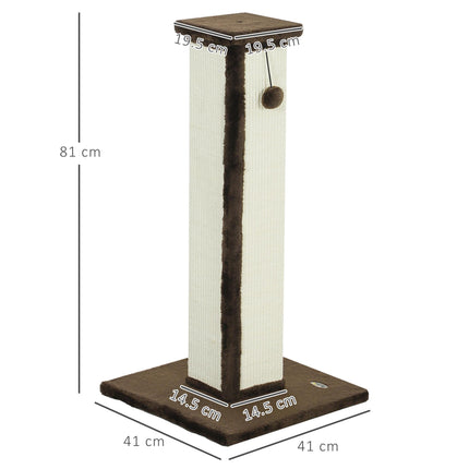 81cm Vertical Cat Scratcher with Sisal Rope, Hanging Ball & Plush - Brown