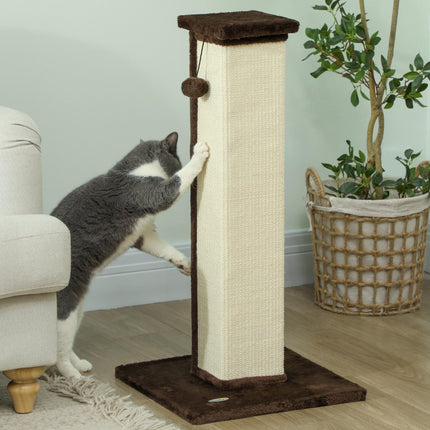 81cm Vertical Cat Scratcher with Sisal Rope, Hanging Ball & Plush - Brown