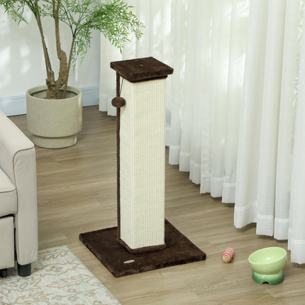 81cm Vertical Cat Scratcher with Sisal Rope, Hanging Ball & Plush - Brown