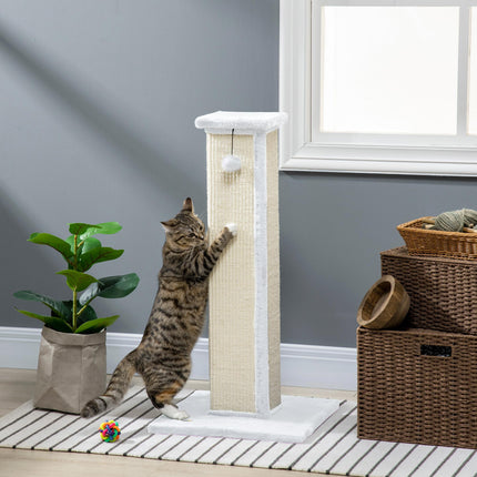 81cm Vertical Cat Scratcher with Natural Sisal Rope, Hanging Ball & Plush Base - White