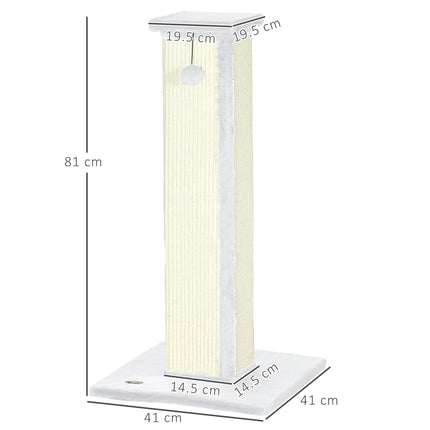 81cm Vertical Cat Scratcher with Natural Sisal Rope, Hanging Ball & Plush Base - White