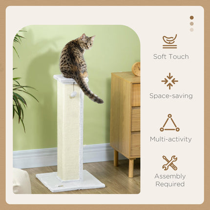 81cm Vertical Cat Scratcher with Natural Sisal Rope, Hanging Ball & Plush Base - White
