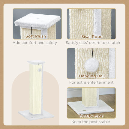 81cm Vertical Cat Scratcher with Natural Sisal Rope, Hanging Ball & Plush Base - White