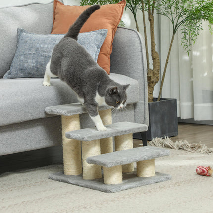 3-Step Pet Stairs Ladder with Scratching Posts for Cats and Dogs - Grey