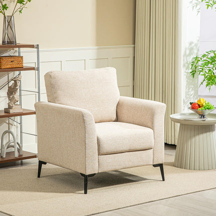Modern Linen Upholstered Armchair with Wood Frame and Metal Legs - Beige