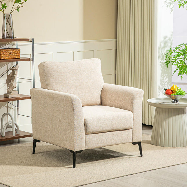 Modern Linen Upholstered Armchair with Wood Frame and Metal Legs - Beige