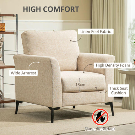 Modern Linen Upholstered Armchair with Wood Frame and Metal Legs - Beige