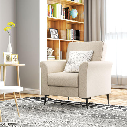 Modern Linen Upholstered Armchair with Wood Frame and Metal Legs - Beige
