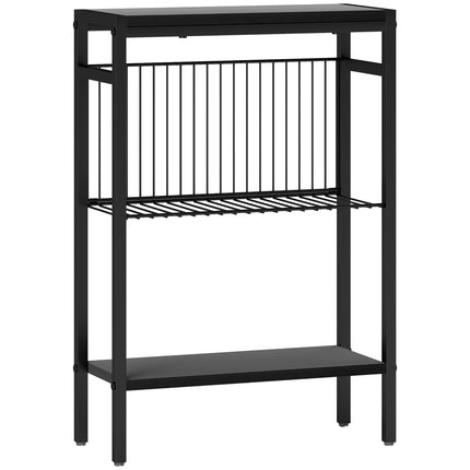 Three Shelf Industrial Side Table with Wire Shelf - Black