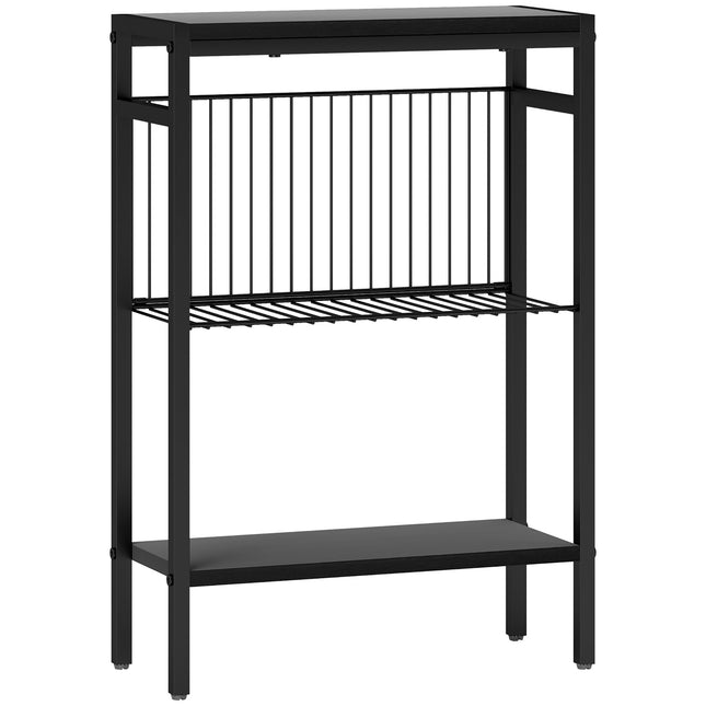 Three Shelf Industrial Side Table with Wire Shelf - Black
