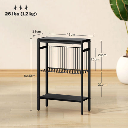 Three Shelf Industrial Side Table with Wire Shelf - Black