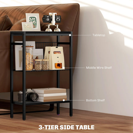 Three Shelf Industrial Side Table with Wire Shelf - Black