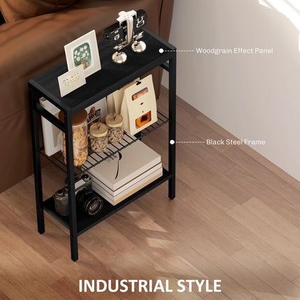 Three Shelf Industrial Side Table with Wire Shelf - Black