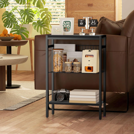 Three Shelf Industrial Side Table with Wire Shelf - Black