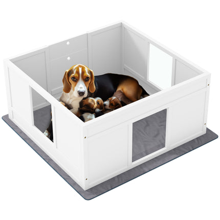 Adjustable Whelping Box for Medium Dogs with Non-Slip Pads and Whelping Pad, 100x96cm - White