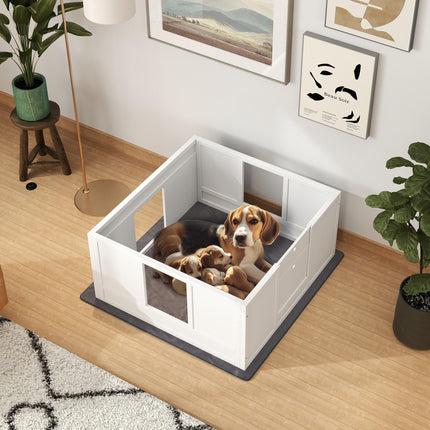 Adjustable Whelping Box for Medium Dogs with Non-Slip Pads and Whelping Pad, 100x96cm - White