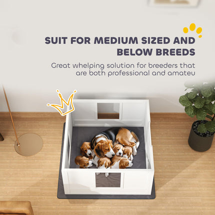 Adjustable Whelping Box for Medium Dogs with Non-Slip Pads and Whelping Pad, 100x96cm - White