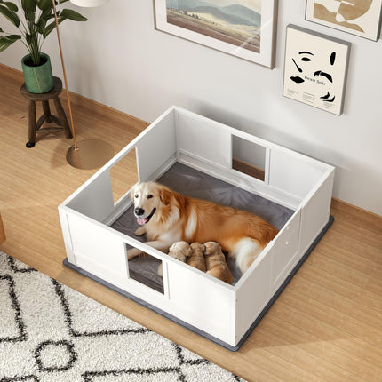 Adjustable Whelping Box for Large Dogs with Non-slip Pads and Whelping Pad 124 x 120cm - White
