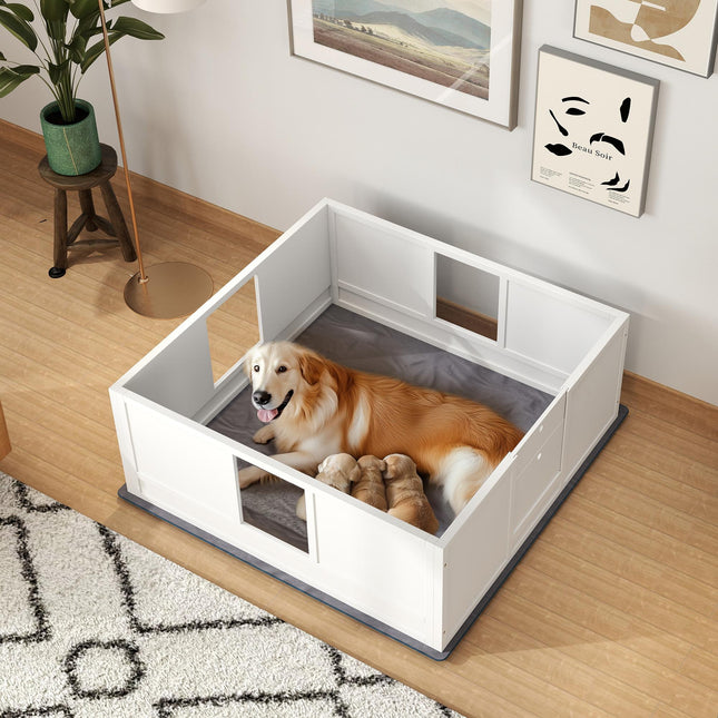 Adjustable Whelping Box for Large Dogs with Non-slip Pads and Whelping Pad 124 x 120cm - White