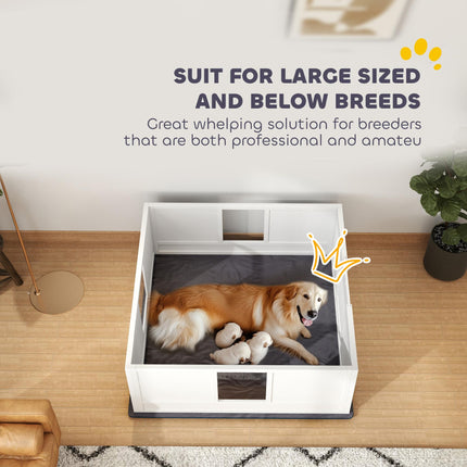 Adjustable Whelping Box for Large Dogs with Non-slip Pads and Whelping Pad 124 x 120cm - White