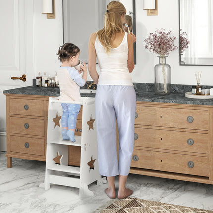 2-in-1 Toddler Step Stool with Safety Rail and Table Set for Kitchen & Bathroom - White