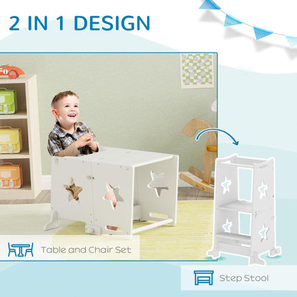 2-in-1 Toddler Step Stool with Safety Rail and Table Set for Kitchen & Bathroom - White