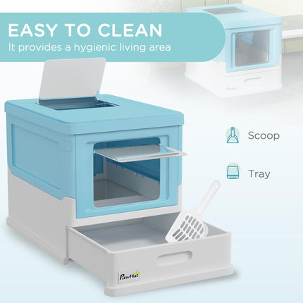 Hooded Cat Litter Box, Portable Pet Toilet, with Scoop, Front Entry - Light Blue