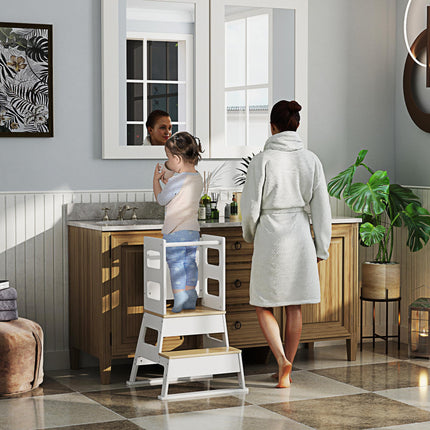 2-in-1 Toddler Tower with Chalkboard and Safety Rail for Kitchen, Bathroom, Sink - White