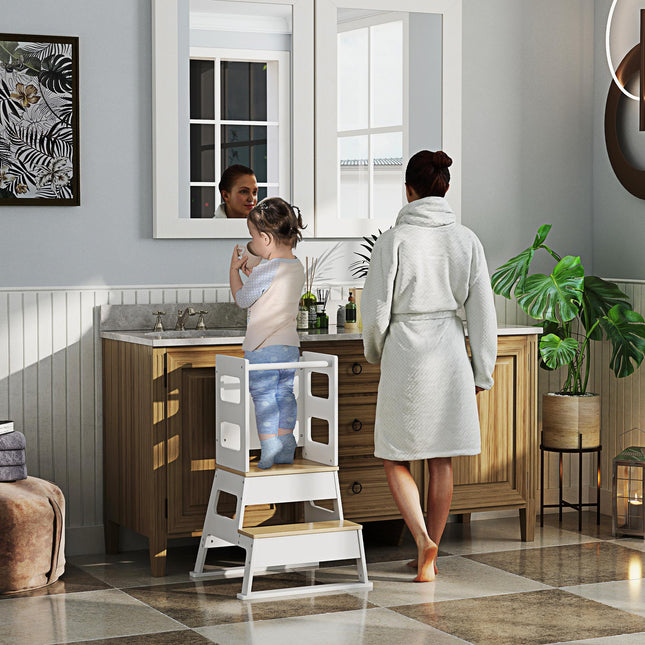 2-in-1 Toddler Tower with Chalkboard and Safety Rail for Kitchen, Bathroom, Sink - White