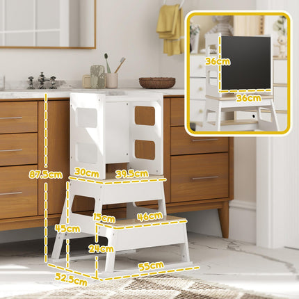 2-in-1 Toddler Tower with Chalkboard and Safety Rail for Kitchen, Bathroom, Sink - White