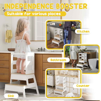 2-in-1 Toddler Tower with Chalkboard and Safety Rail for Kitchen, Bathroom, Sink - White