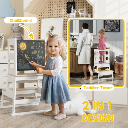 2-in-1 Toddler Tower with Chalkboard and Safety Rail for Kitchen, Bathroom, Sink - White