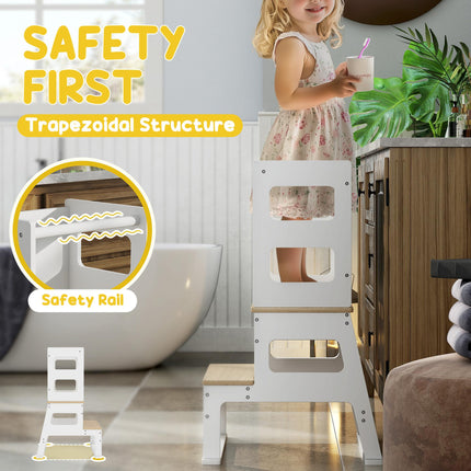 2-in-1 Toddler Tower with Chalkboard and Safety Rail for Kitchen, Bathroom, Sink - White