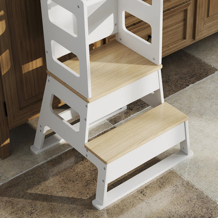 2-in-1 Toddler Tower with Chalkboard and Safety Rail for Kitchen, Bathroom, Sink - White
