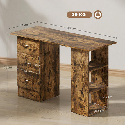 Computer Desk with Drawers, Home Office Desk, Writing Table, PC Workstation with 3 Storage Shelves for Working, Study, 120 x 49 x 72 cm, Rustic Brown