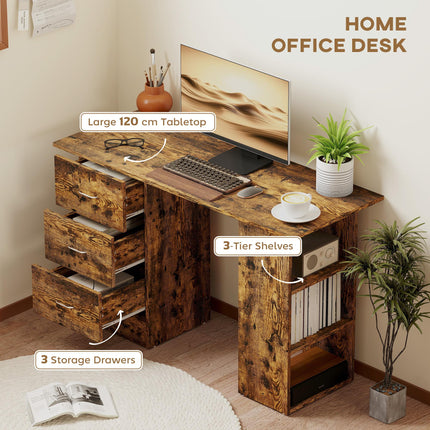 Computer Desk with Drawers, Home Office Desk, Writing Table, PC Workstation with 3 Storage Shelves for Working, Study, 120 x 49 x 72 cm, Rustic Brown