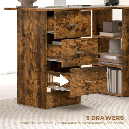 Computer Desk with Drawers, Home Office Desk, Writing Table, PC Workstation with 3 Storage Shelves for Working, Study, 120 x 49 x 72 cm, Rustic Brown