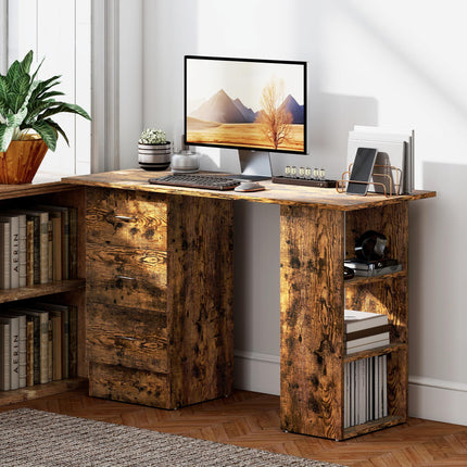 Computer Desk with Drawers, Home Office Desk, Writing Table, PC Workstation with 3 Storage Shelves for Working, Study, 120 x 49 x 72 cm, Rustic Brown