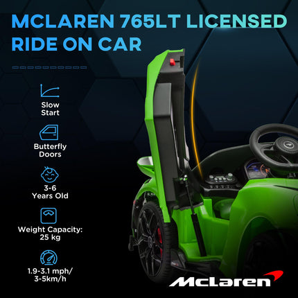 McLaren 765LT Licensed 12V Kids Electric Ride-On Car with Remote Control & Butterfly Doors - Green