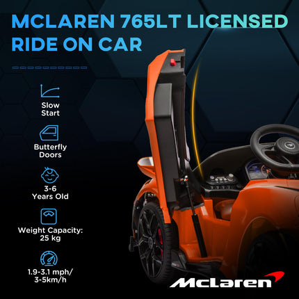 McLaren 765LT Licensed 12V Kids Electric Ride-On Car with Remote Control and Butterfly Doors - Orange