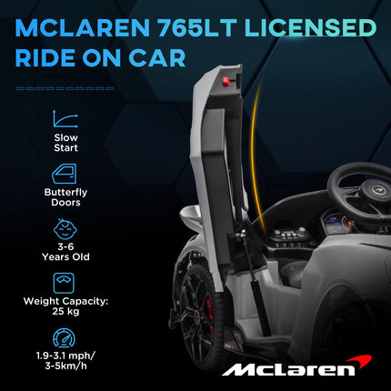 McLaren 765LT Licensed 12V Kids Electric Ride-On Car with Remote Control and Butterfly Doors - Grey