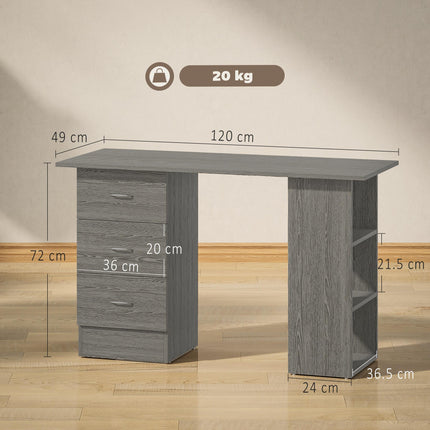 Computer Desk with Drawers, Home Office Desk, Writing Table, PC Workstation with 3 Storage Shelves for Working, Study, 120 x 49 x 72 cm, Grey