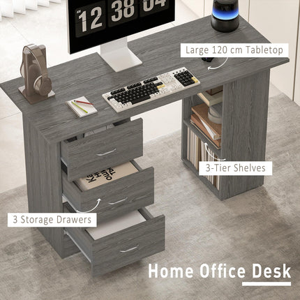Computer Desk with Drawers, Home Office Desk, Writing Table, PC Workstation with 3 Storage Shelves for Working, Study, 120 x 49 x 72 cm, Grey