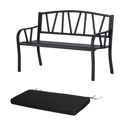 2-Seater Metal Garden Bench with Cushion and Decorative Backrest - Black