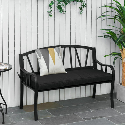 2-Seater Metal Garden Bench with Cushion and Decorative Backrest - Black