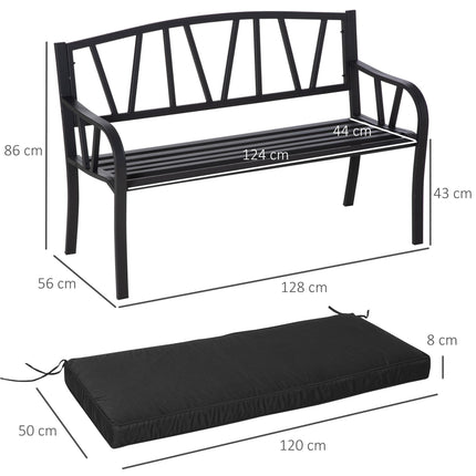 2-Seater Metal Garden Bench with Cushion and Decorative Backrest - Black