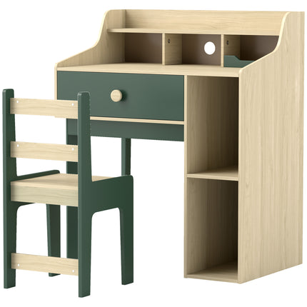 2 Piece Kids Desk and Chair Set with Storage Shelves and Drawer - Green