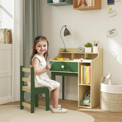 2 Piece Kids Desk and Chair Set with Storage Shelves and Drawer - Green